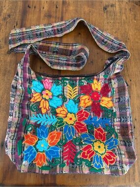 Ixchel Handmade Guatemalan Plaid Hand Embroidered Boho Slouchy Hobo Bag